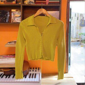 💛 Chartreuse Yellow Ribbed Knit Lace Up Cardigan
